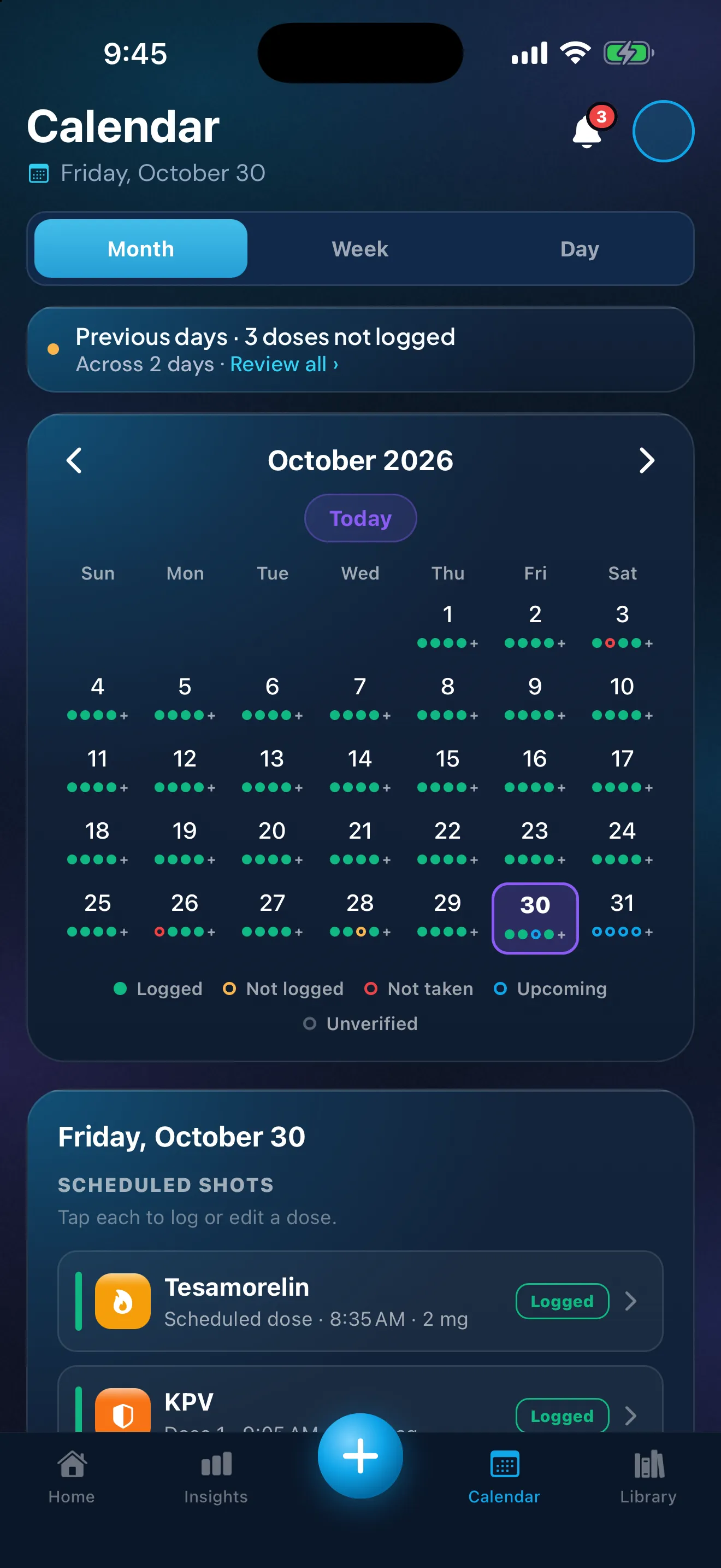 The Peptimes Calendar in month view: a ring on each day's doses for logged, not logged, not taken and upcoming, a key to the rings, and today's scheduled doses listed below.