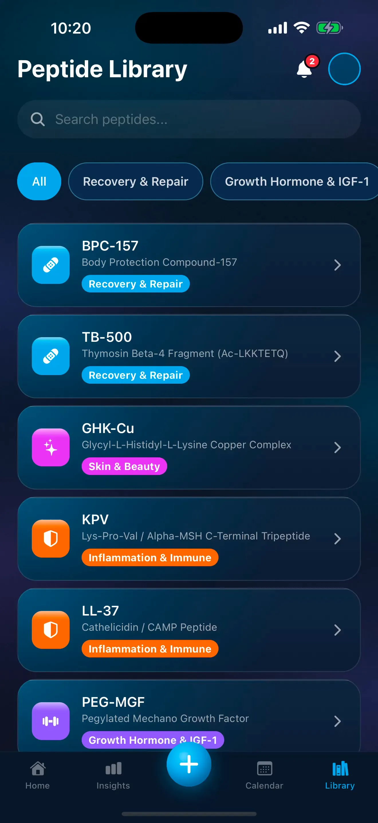 The Peptimes Library list with category chips and compounds, each with its other name and category tag. In the recording, "Body Protection" is typed in the search and finds BPC-157 by its other name, Body Protection Compound-157.