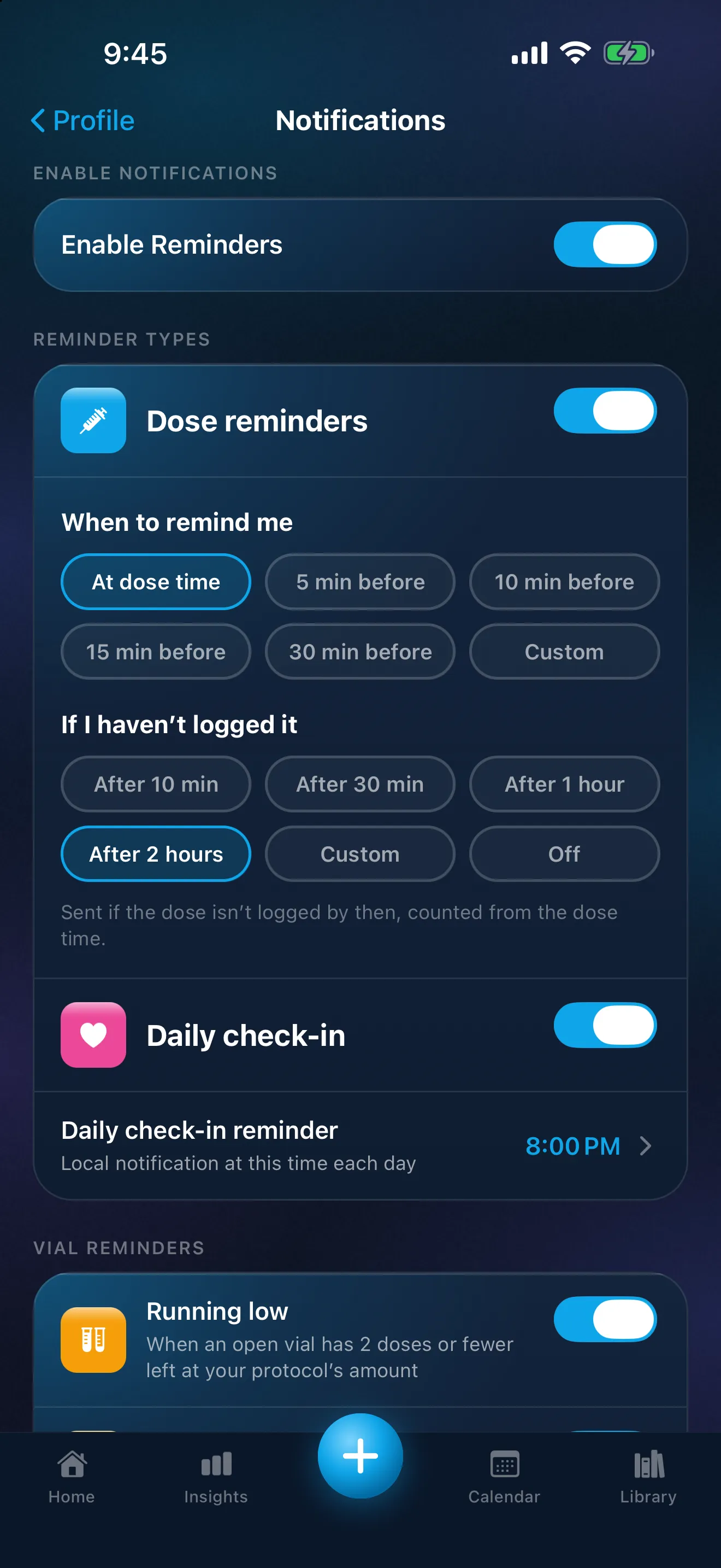 Peptimes Notifications settings: reminders on; dose reminders at the dose time, or 5, 10, 15 or 30 minutes before, or a custom time; a follow-up if a dose isn't logged, after 2 hours here; the daily check-in reminder at 8:00 PM; and the start of vial reminders.