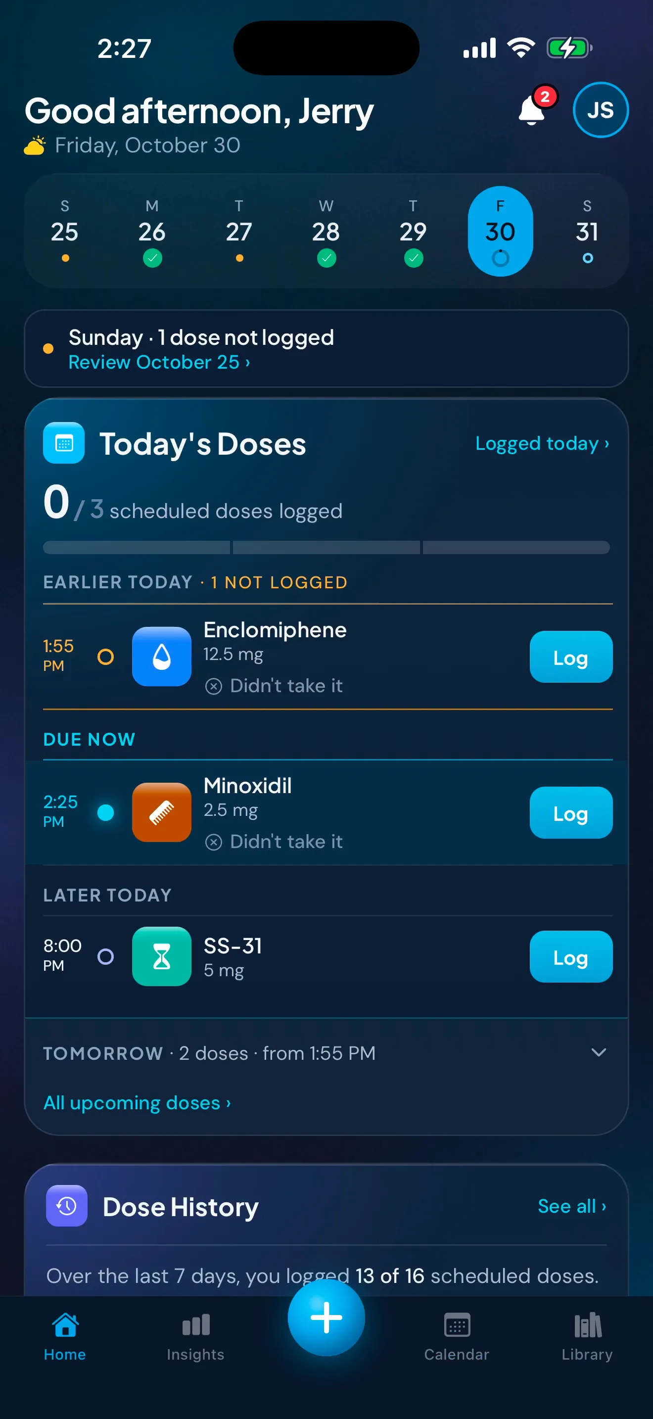 The Peptimes Home screen with a note that one dose wasn't logged on Sunday. In the recording, Sunday opens with one dose that has no record, it's recorded as taken at its scheduled time, and Sunday shows 2 of 2 recorded.